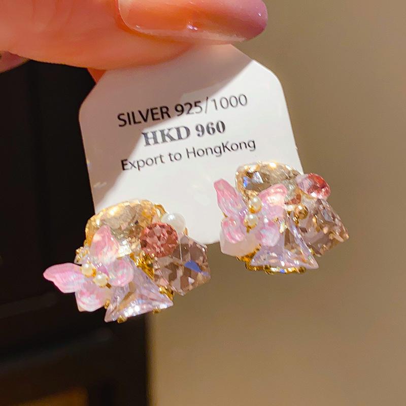 Retro Silver Needle Zircon Glass Water Drop Earrings Court Temperament Stud Earrings Personality Trend Versatile Earrings Women