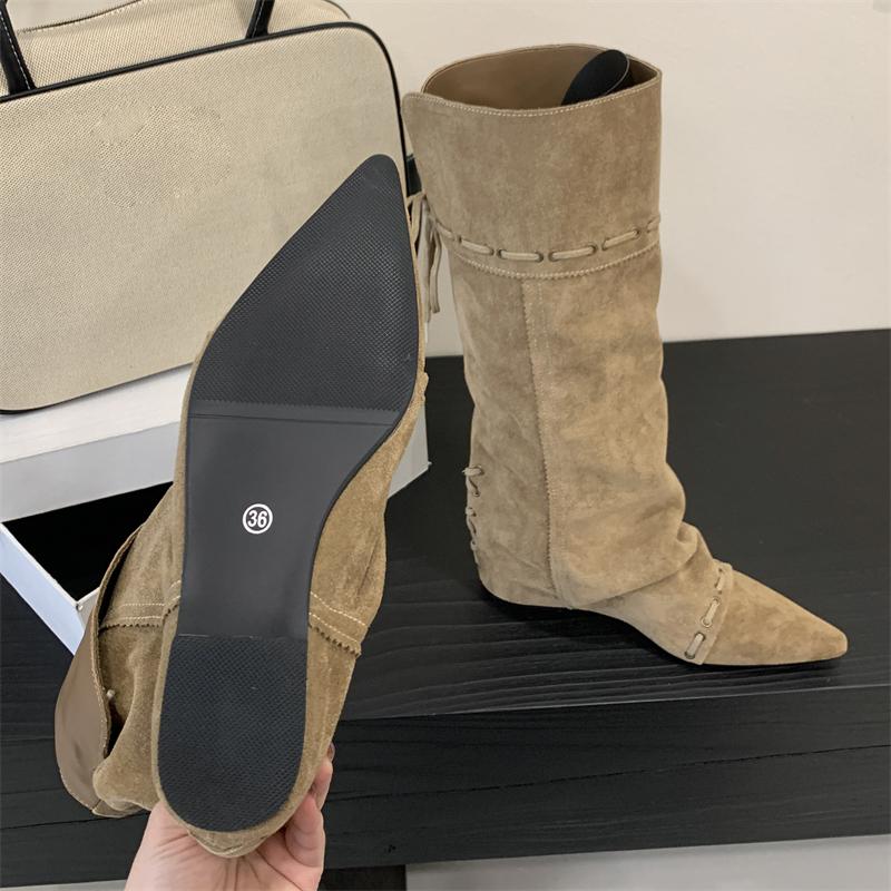 Winter Punk Vintage Women Knee High BootsDesigner Lace-up Pointed Toe Height Wedges Heels Shoes Botas De Mujer