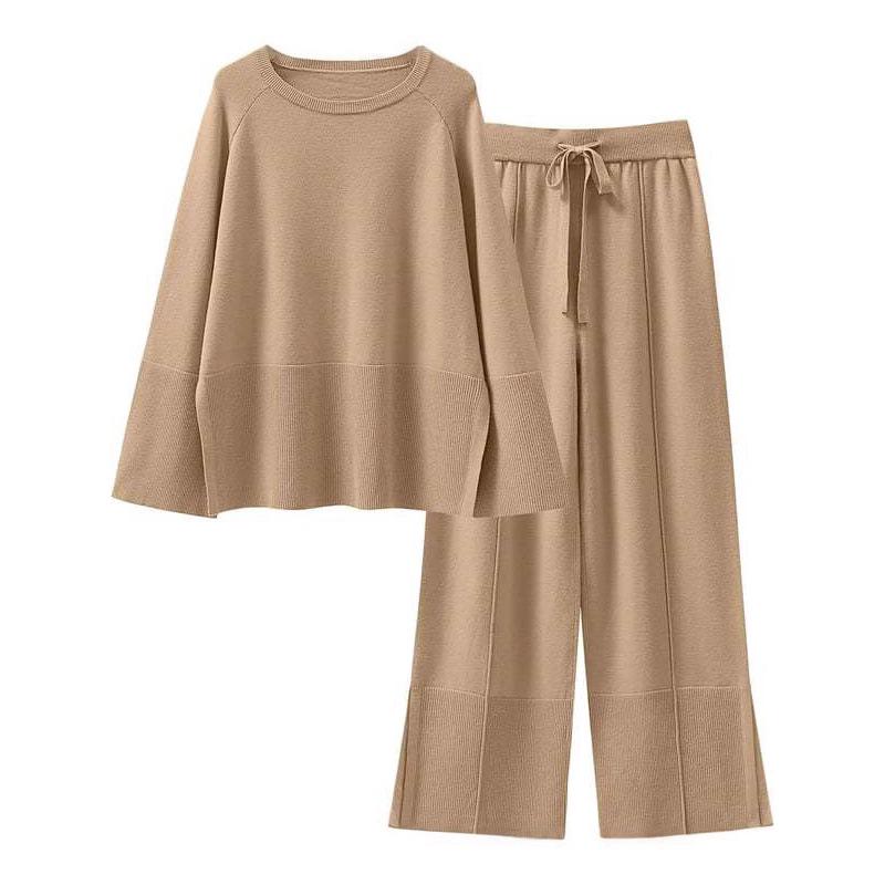 Autumn/Winter 2025 Bell Sleeve Knit Set - European/American Fashion, Round Neck, Slit Details