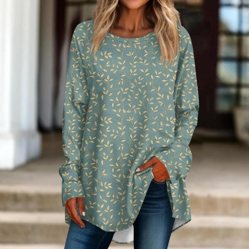 

Женская повседневная футболка больших размеров с длинными рукавами и круглым принтом, топ, футболки-пуловеры для женщин 5XL зелёный