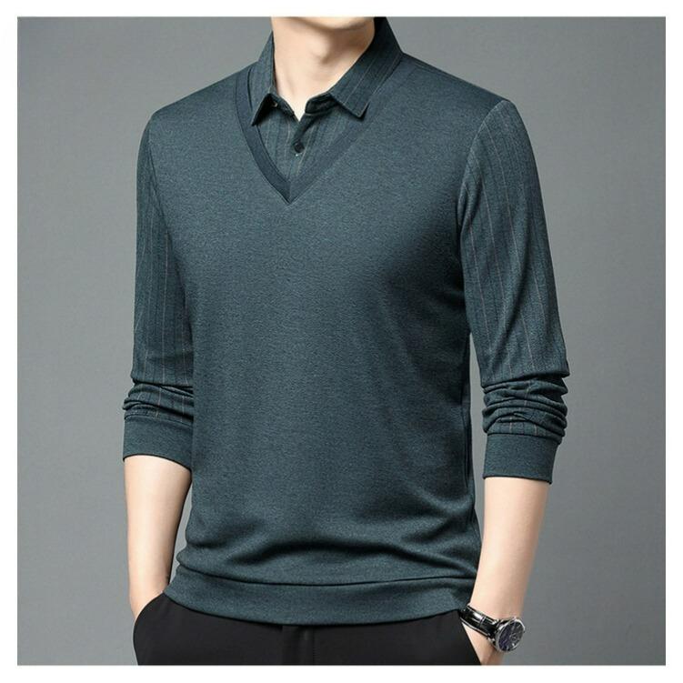 

Men s Fake Two-piece Striped Polo Shirt Spring and Autumn Men s Loose Lapel Long-sleeved Shirt T-shirt 4XL зелений