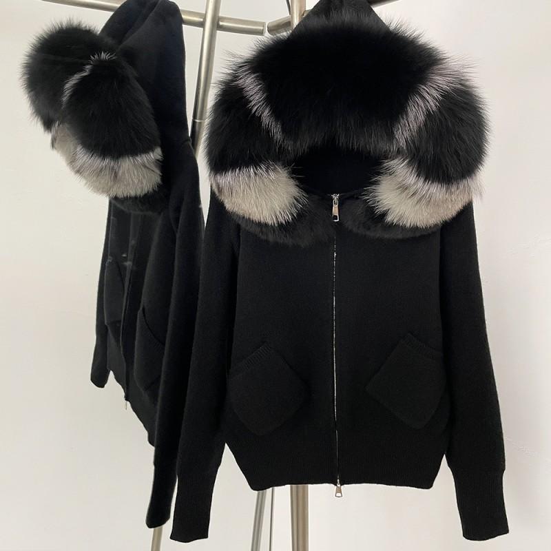 Damen Übergroßer Strick-Cardigan Mit Abnehmbarer Echtfuchsfell-Kapuzenrand Lockerer Schnitt Langarm Reißverschluss Vorne Pullover