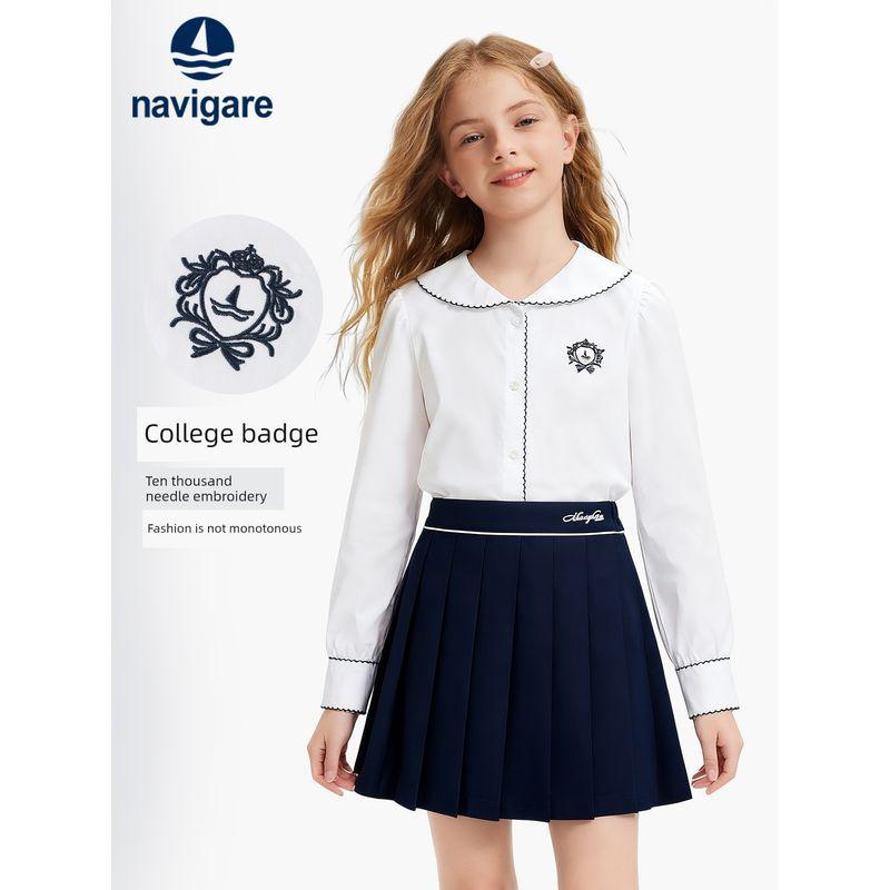 Navigare Italian Small Sailboat Kidsren's Shirt 2026 Spring & Fall New Style Girls' Cotton Long-Sleeved Doll Collar