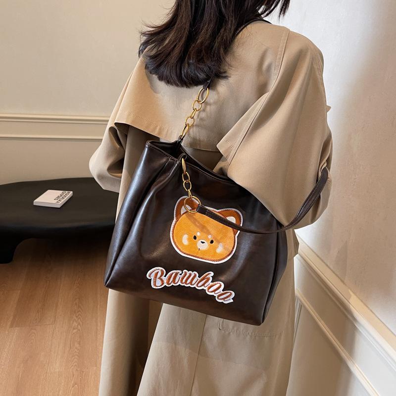 Bag women's new PU bucket bag bear letter embroidery trendy fashion shoulder bag large capacity messenger bag