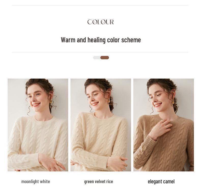 Women's Cashmere Cable Knit Sweater—Round Neck, Thickened, Loose Fit, Casual Pullover for Autumn and Winter.
