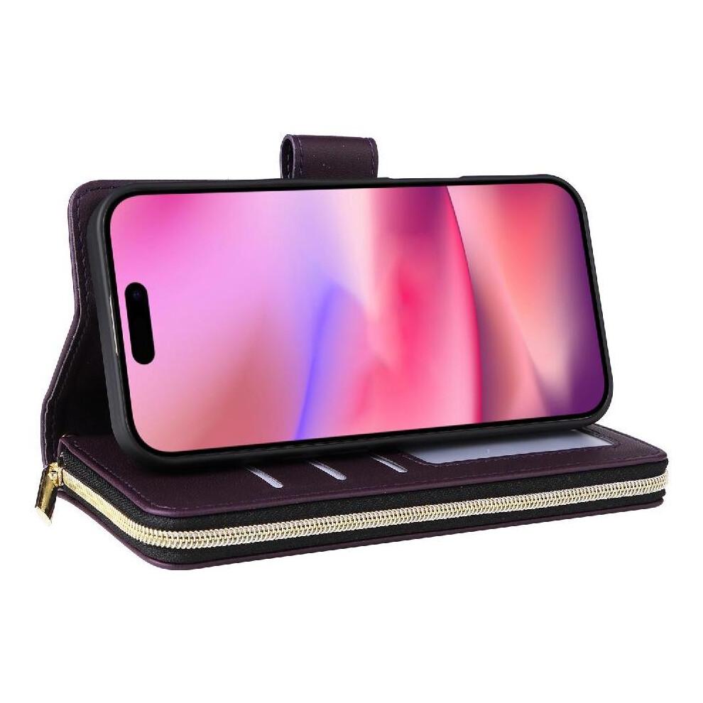 (dark Purple) Compatible with Iphone 12 Wallet Case Magnetic Closure Pu Leather 9 Card Holder Crossbody and Wrist Strap Zipper Pocket