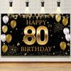 80th Birthday Party Decorations Backdrop Banner, Happy 80th Birthday Decorations for Men Women, 80 Years Old Birthday Photo Booth Props Black Gold,