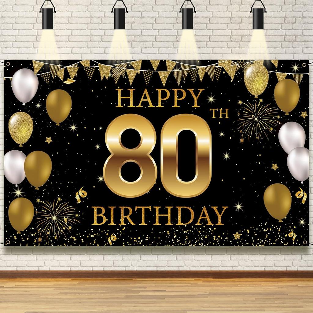 80th Birthday Party Decorations Backdrop Banner, Happy 80th Birthday Decorations for Men Women, 80 Years Old Birthday Photo Booth Props Black Gold,
