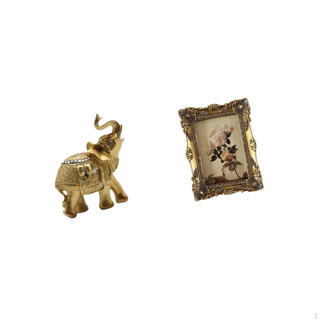 Elephant Resin Sculpture And Ornate Vintage Photo Frame Decorative Figurine for Bedroom Desk
