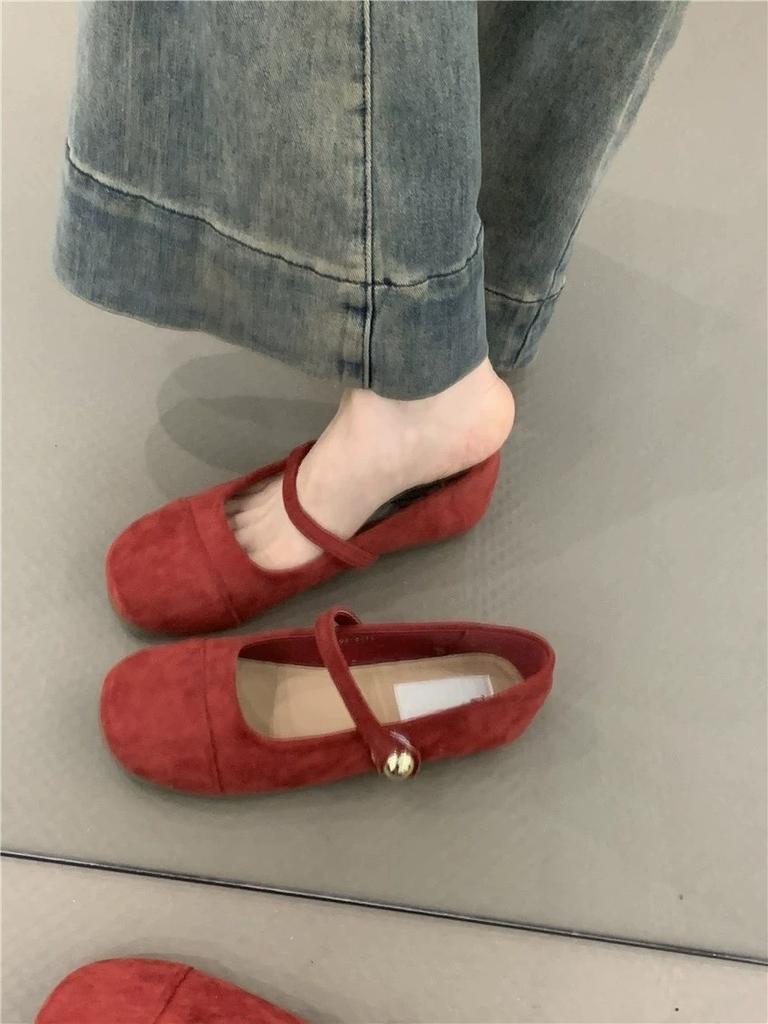 Suede Flat Mary Jane Shoes Women's Spring and Autumn Round Head One-word Belt Single Shoes Women