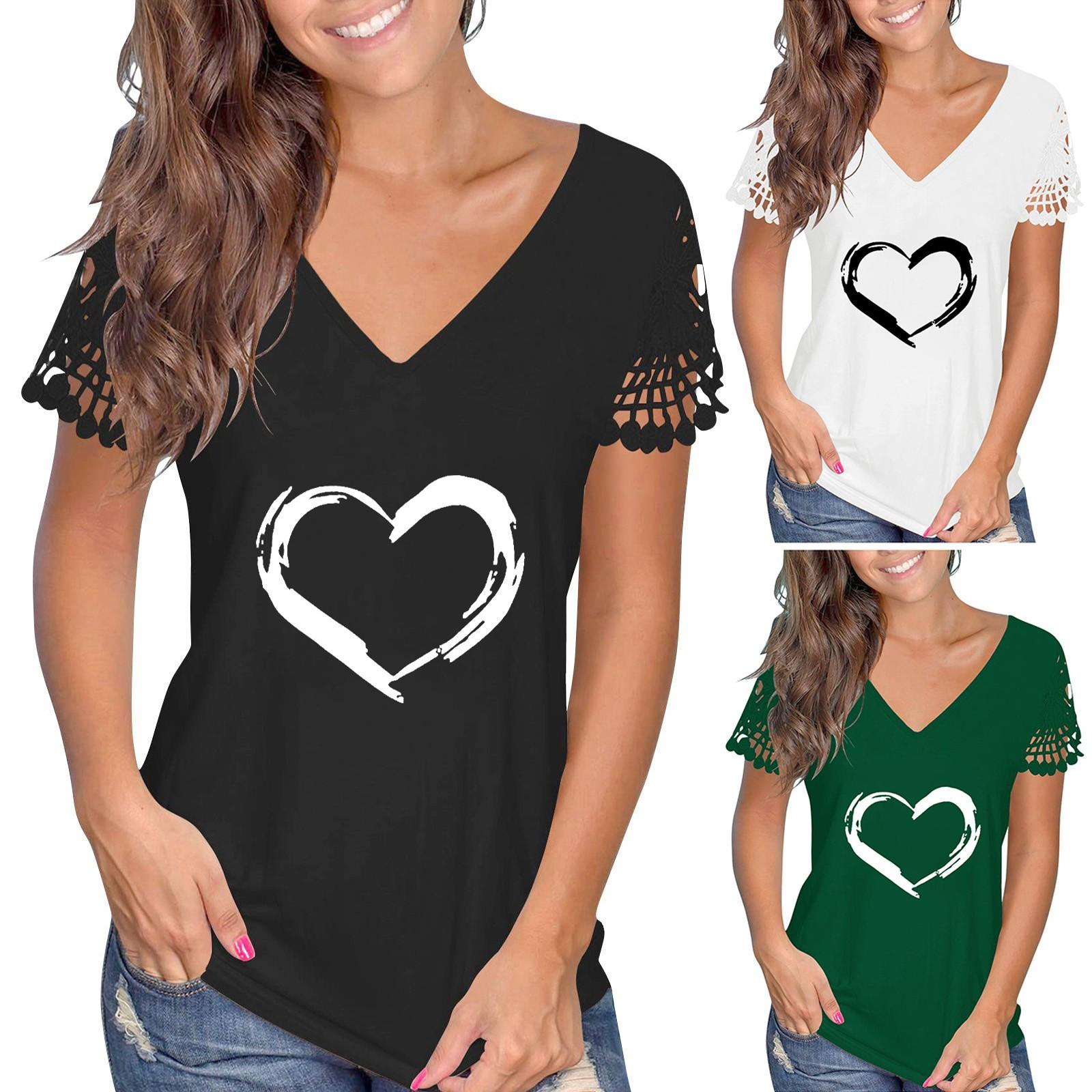 

Женская модная повседневная свободная футболка с v-образным вырезом и принтом, кружевная футболка с коротким рукавом, топ