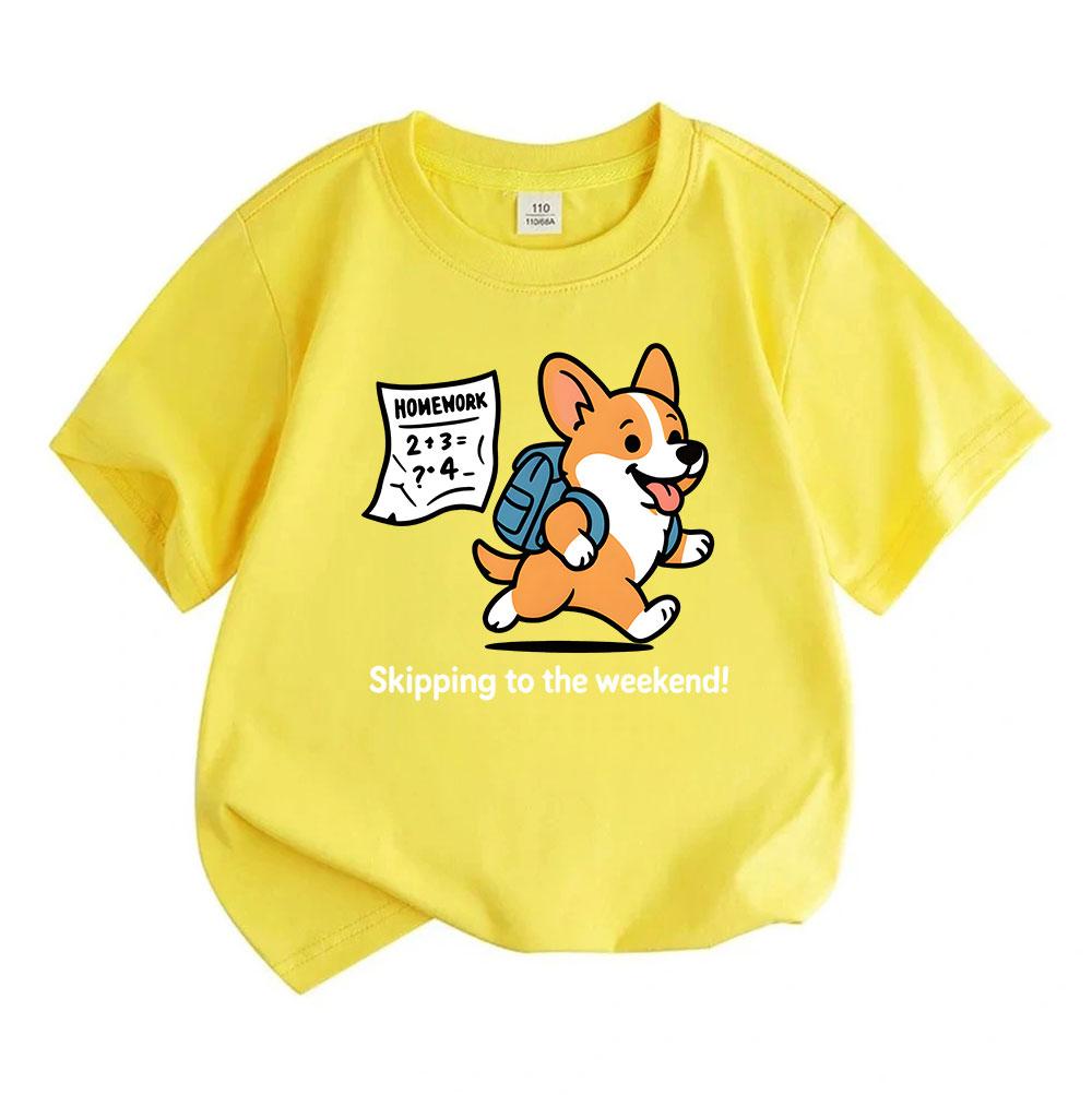 Kids Boys Girls 100% Cotton Crew Neck Short Sleeve T-Shirt, Cute Corgi Skipping To Weekend Homework Graphic Casual Soft Tee for School Daily Wear
