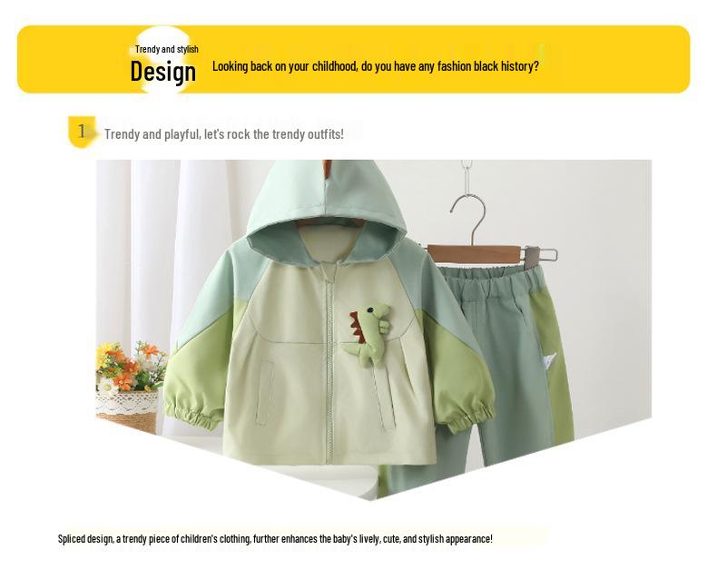 Dino Hooded Fleece Set: Baby Boy Windbreaker Jacket & Romper for Spring/Autumn