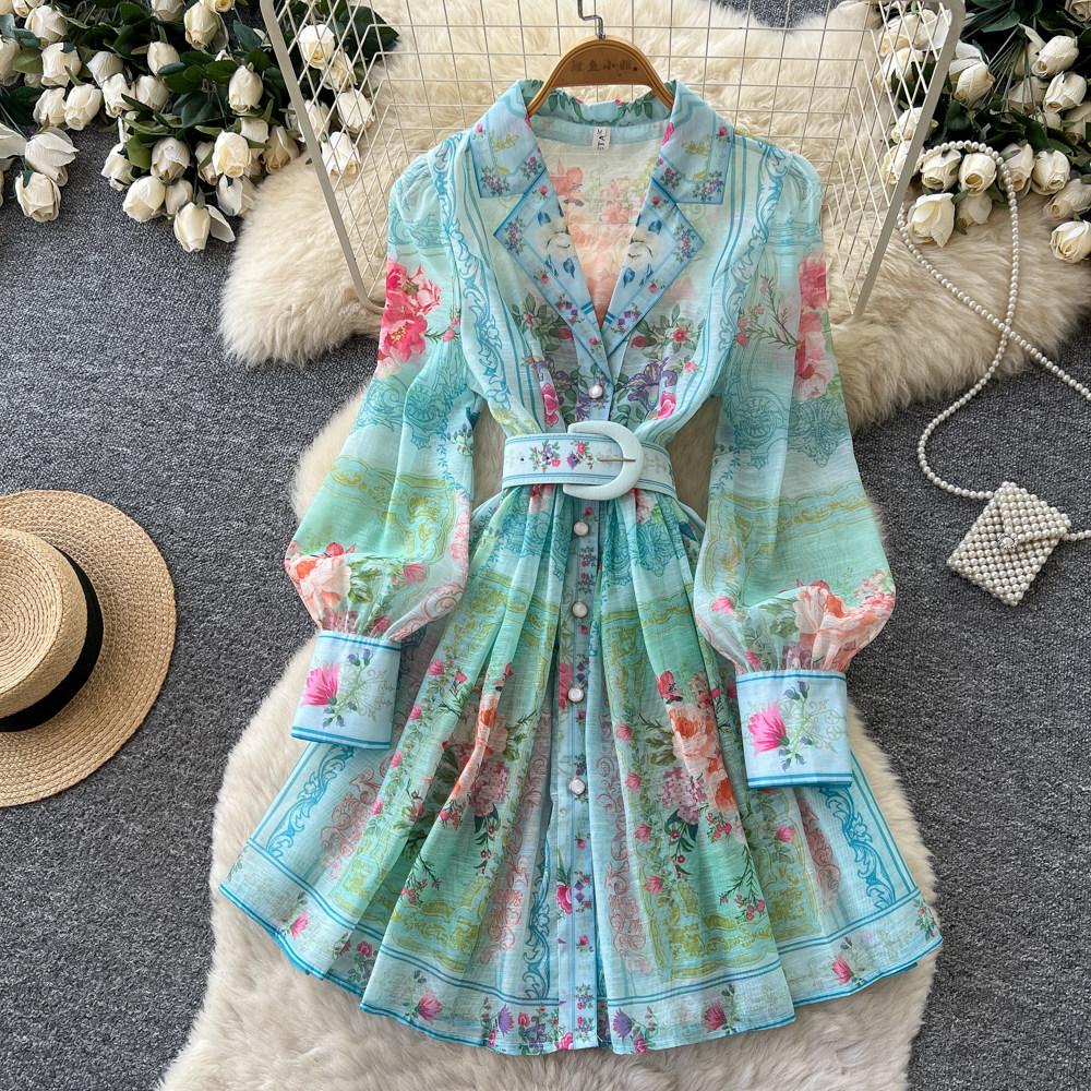 Vintage Women Single Breasted Gorgeous Flower Print Shirt Dress New Autumn Notched Collar Linen Boho Holiday A Linen Mini Dress