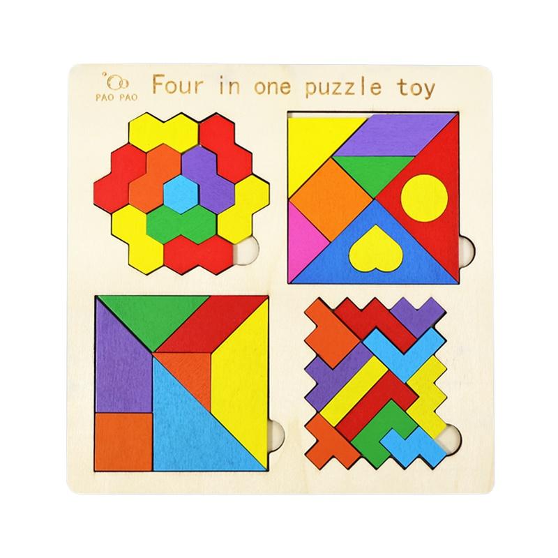 4 в 1 Монтессори Танграм Пазл Игрушка Деревянная Геометрическая Форма Цветной Познавательный Пазл Деревянные Строительные Блоки Подарки для Детей
