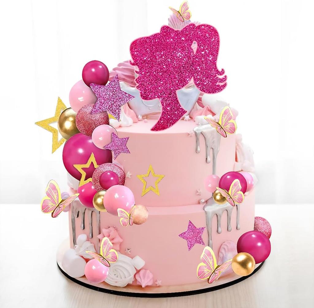 47 Stück Heißrosa Mädchen Kuchenaufsätze für Glitzer Mädchen Heißrosa Prinzessin Thema Hochzeit Babyparty Geburtstagsfeier Zubehör