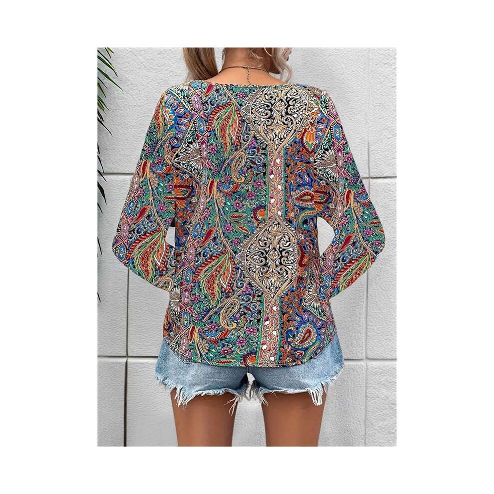 Women'S Bohemian Print V-Neck Long Sleeve Casual Blouses Shirts 2-Mixed Colors XL