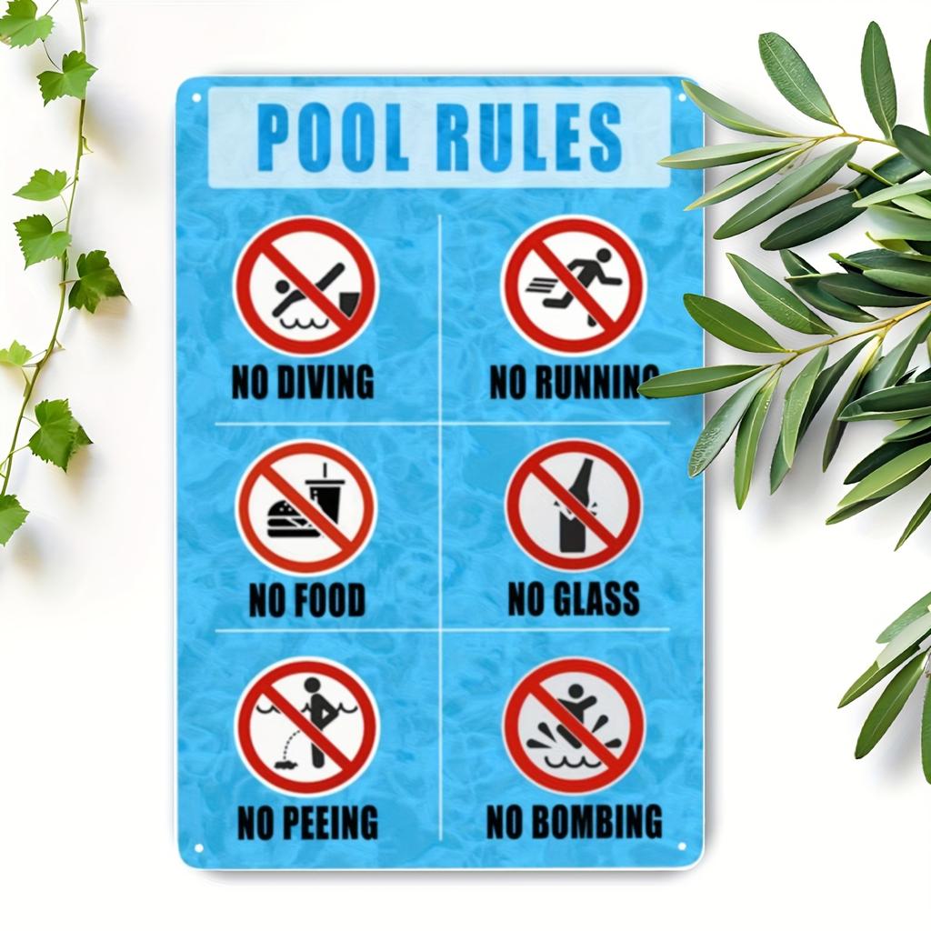 Vintage Blue Pool Rules Sign with No Diving No Running No Food No Glass No Peeing No Bombing HD Metal Picture Wall Art Decor for
