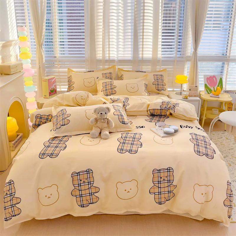 Cute Bear Bedding Set No Filler Ins Korean Style Khaki Brown Striped Comforter Covers Queen Size Kids Adult Soft Thick Bedding