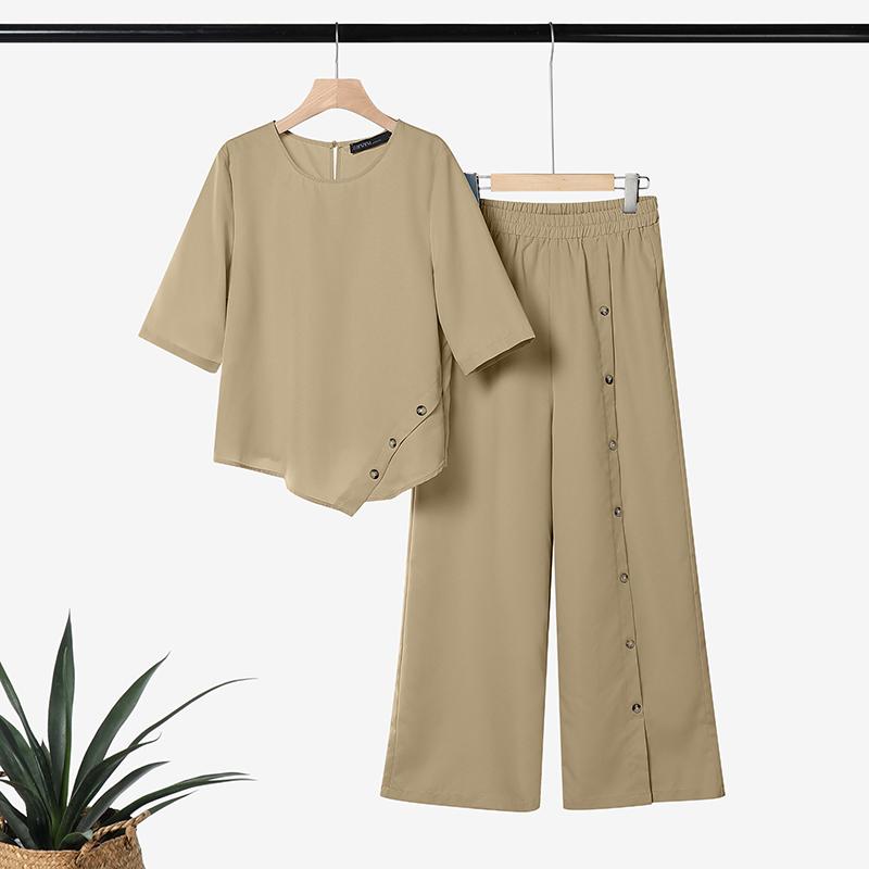 

ZANZEA Women Half Sleeve Irregular Blouse and Pants Casual Two Piece Suit Sets 2XL хакі