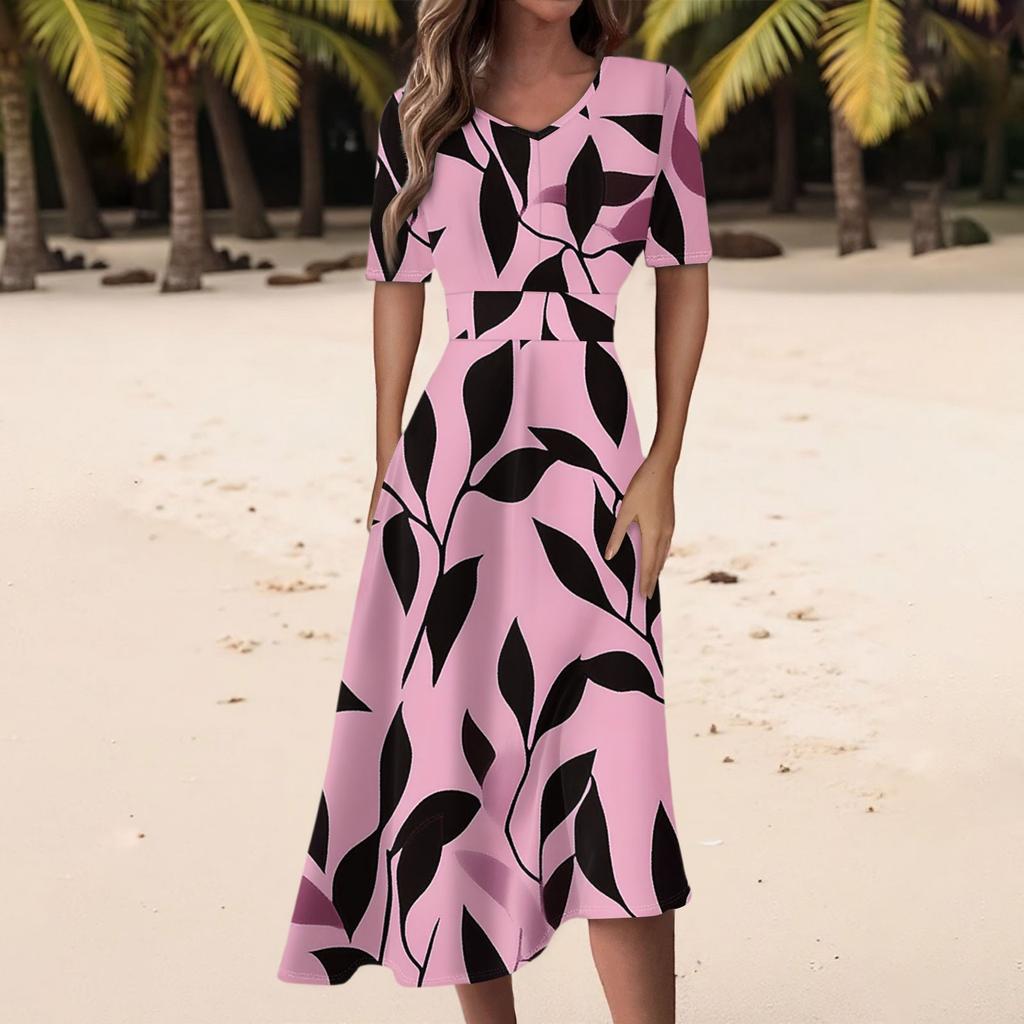 Damen Freizeitmode Kleid mit Blumendruck, V-Ausschnitt, kurzen Ärmeln und taillenlang