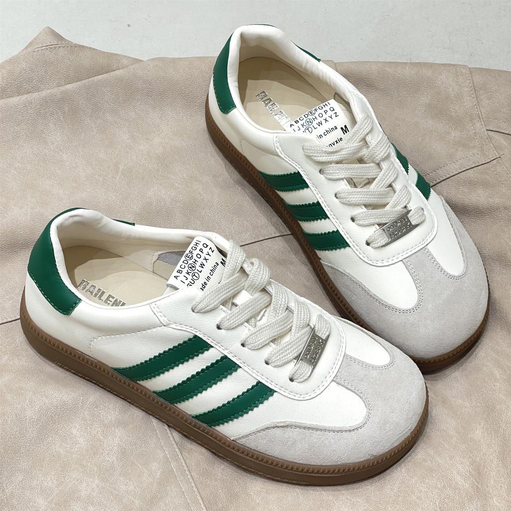Spring  New Korean Style Flat Casual White Shoes Color Matching German Training Three Bars Genuine Leather German Training Female White