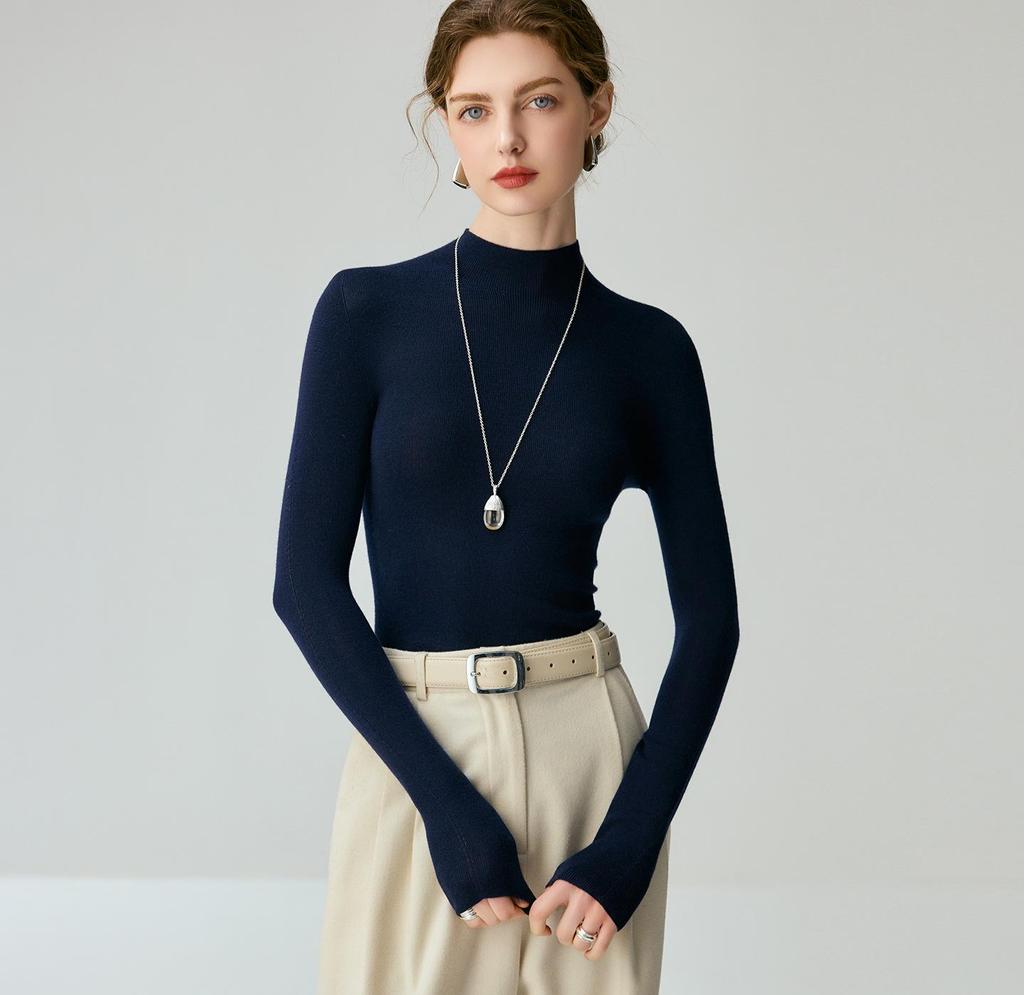 Women's Slim-Fit Wool High-Neck Sweater - Solid Color, Long Sleeve, Autumn/Winter Style