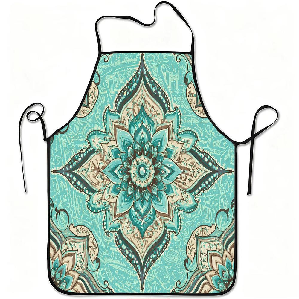 1pc Vintage Turquoise Mandala Floral Print Apron, Durable and Easy To Clean, Adjustable Waistband, Polyester Material, for Kitchen Cooking, Gardening,