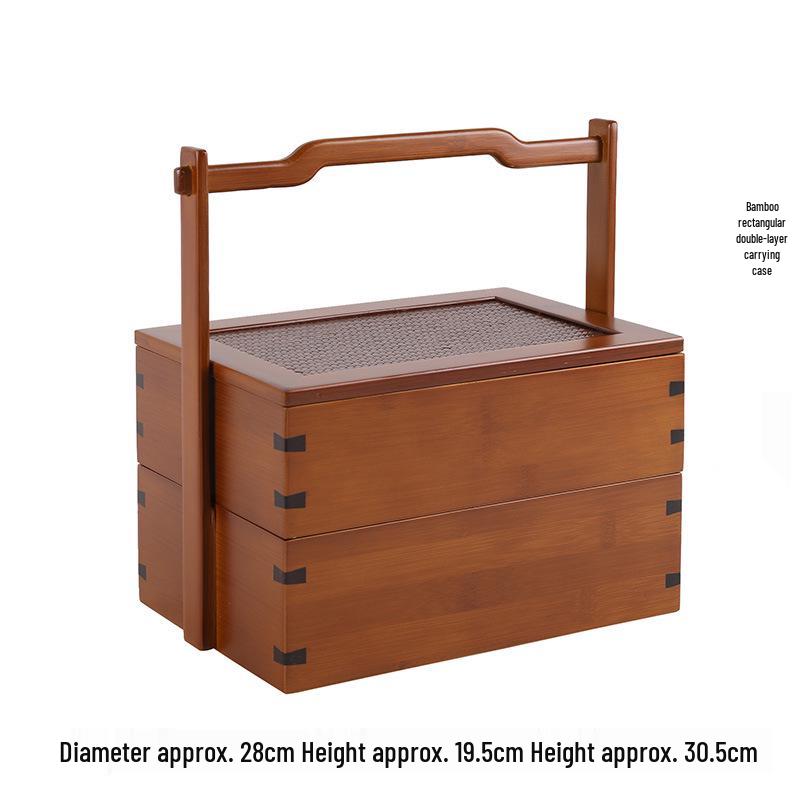 Handmade Bamboo Woven Basket: Portable Double-Layer Carry Box for Outdoor Tea Sets