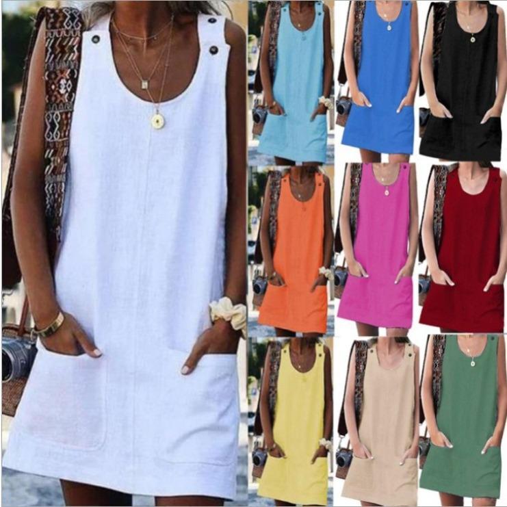 Tuta-vestito estiva da donna con tasche e bottoni in cotone e lino