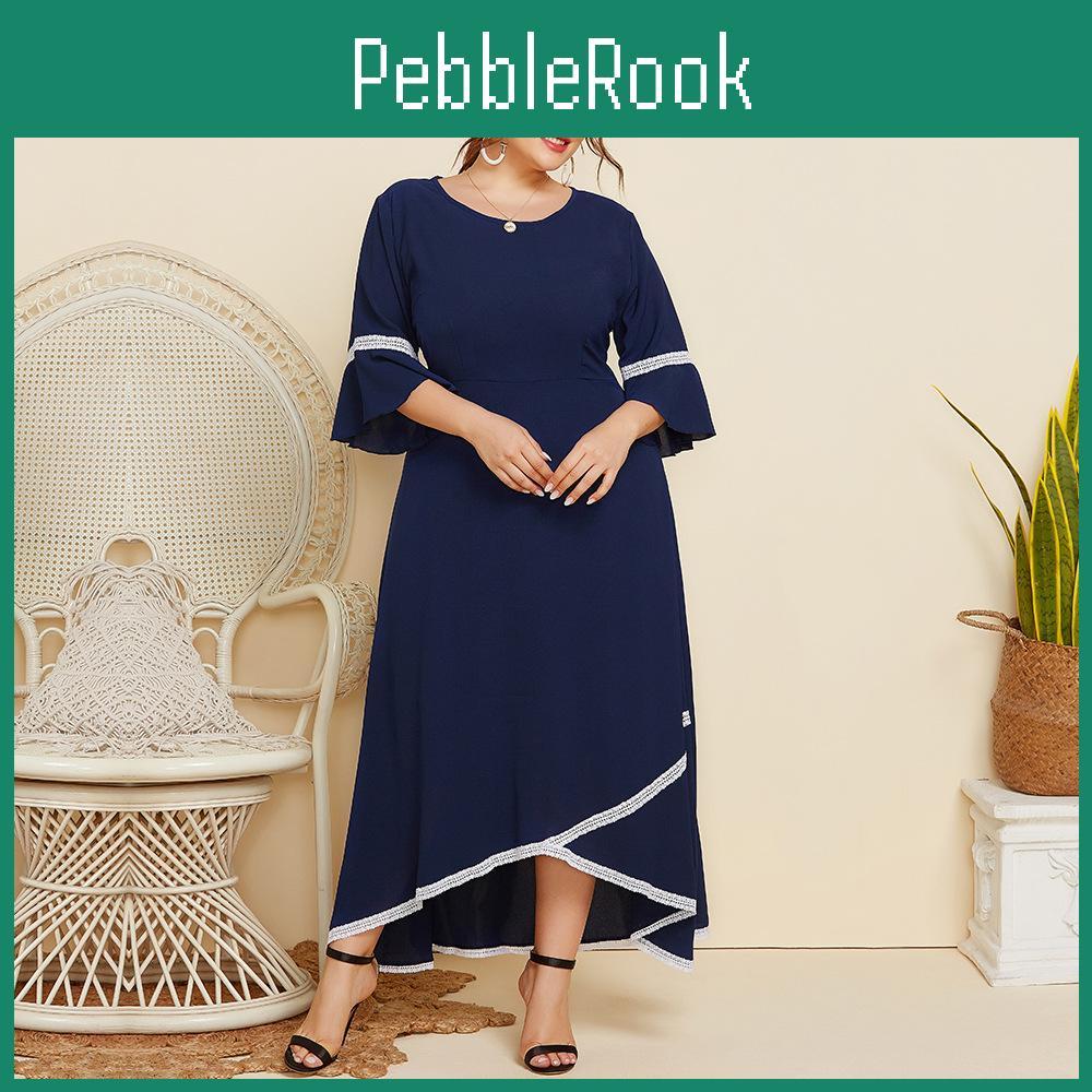 Womens Plus Spring Autumn Size Lace Stitching Round Neck Mid Sleeve Solid Color Loose Dress Xl4xl