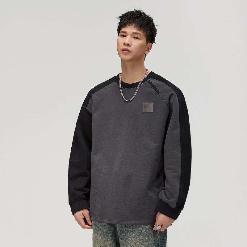 High-End 420G Heavy Splicing Design Long-Sleeved Sweater Men'S Contrasting Color Loose Casual Top