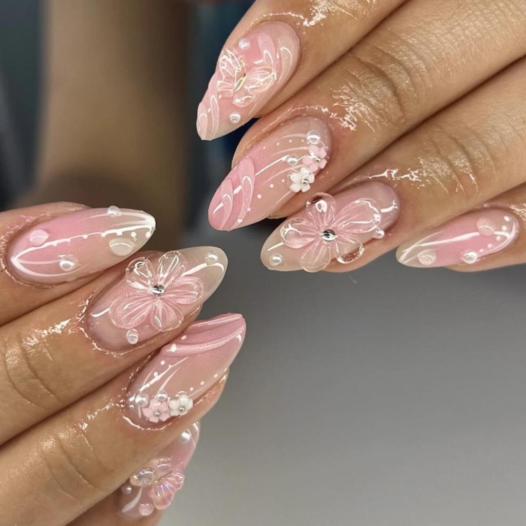 Cross-Border Blush Almond Shape Short Wearable 3D Flower Nail Art Tips