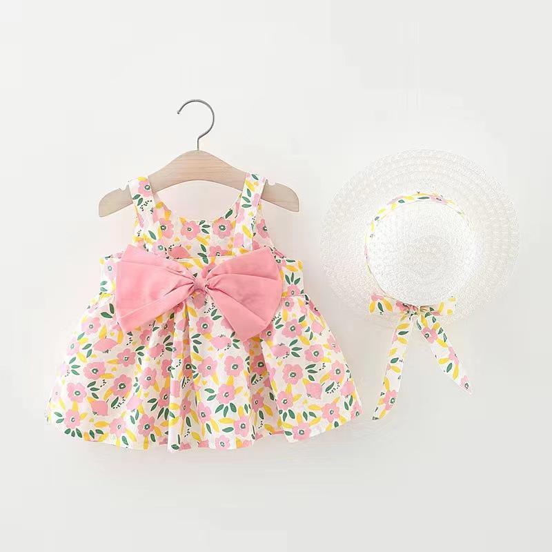 A749 Summer Baby Girl Princess Dress with Big Bow & Flower Skirt, Includes Hat, for Ages 1-4