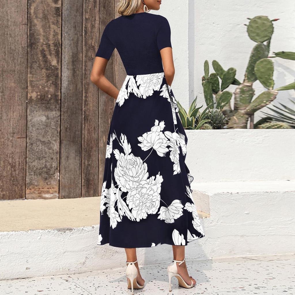 Women's Floral Maxi Dress Casual Round Neck Short Sleeves Ruffle Flowing Cocktail Wedding Guest Dress