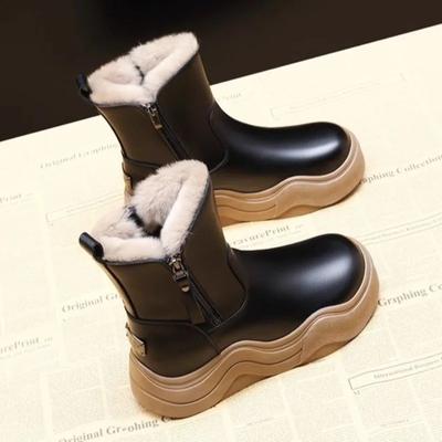 Schneestiefel für Damen Elegant Schwarz Mittelhohe Absätze Damenschuhe Plus Warm Neu Anti-Rutsch Frühling Herbst Große Größe Übergangssaison Schick