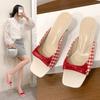 New Sweet White Red Plaid Mule Sandals Woman Fairy Bowknot Kitten Heel Slide Slippers Ladies Cute Evening Party Pump Shoes