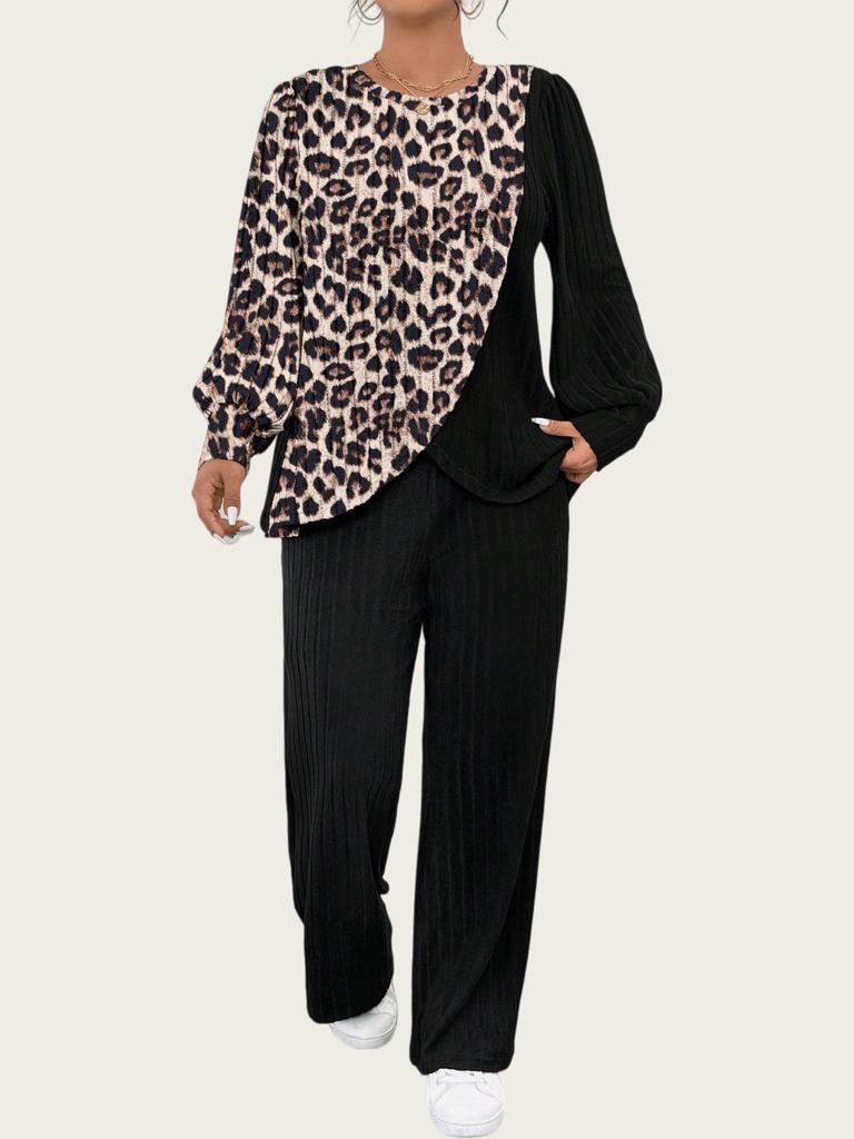 Dámská pletená souprava s barevným potiskem a rovnými kalhotami, nadměrná velikost