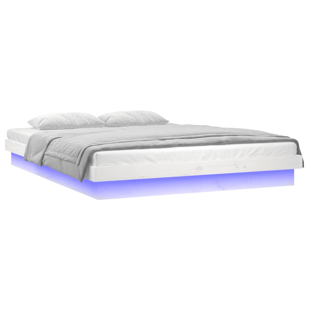 Vidaxl Bed Frame With LED, White, 135X190 Cm, Double, Solid Wood
