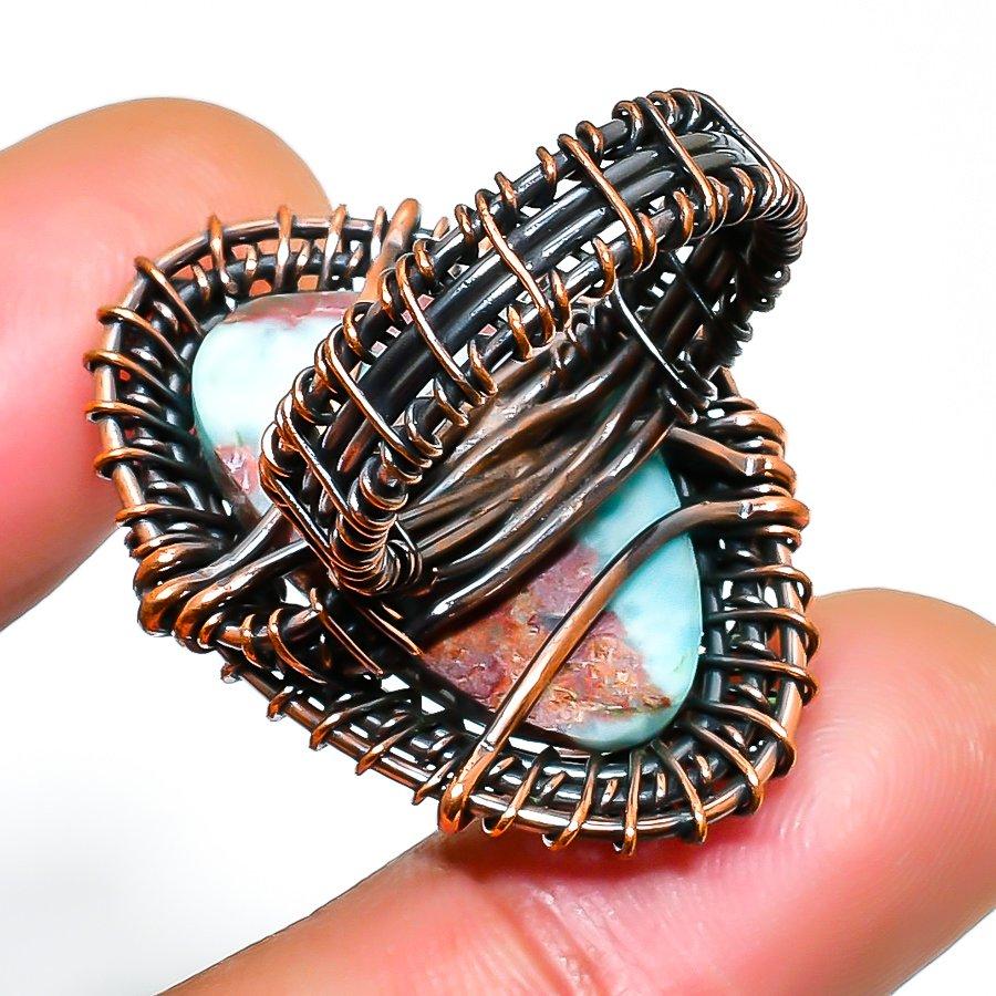 Bague Ethnique En Larimar Bleu - Faite Main En Inde - Argenté Plaqué - Taille 8