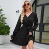 Solid Elegant Spring Dress Women Lace-up V-neck A Line Short Dress Summer 2026 Casual Pleated Long Sleeve Dresses Vestido 25154