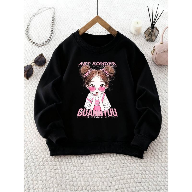 Girl's Crew Neck Sweatshirt with Cartoon Girl Print, Long Sleeve Top, Suitable for Outdoor Wear and Weekend Outings