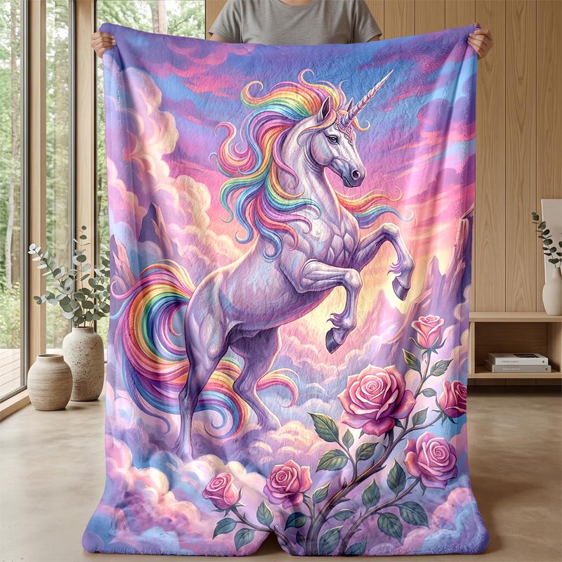 Rainbow Mane Unicorn Among Roses Theme blanket Lightweight Warm Flannel Blanket Decorative Throw Blanket for Home Decoration