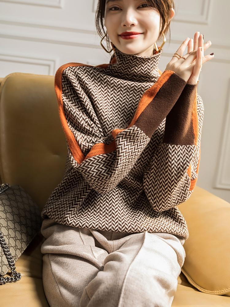 2022 Winter Women's Turtleneck Sweater Warm Pullover Commuter Elegant Top Loose Casual Women's Top Retro Contrast Color