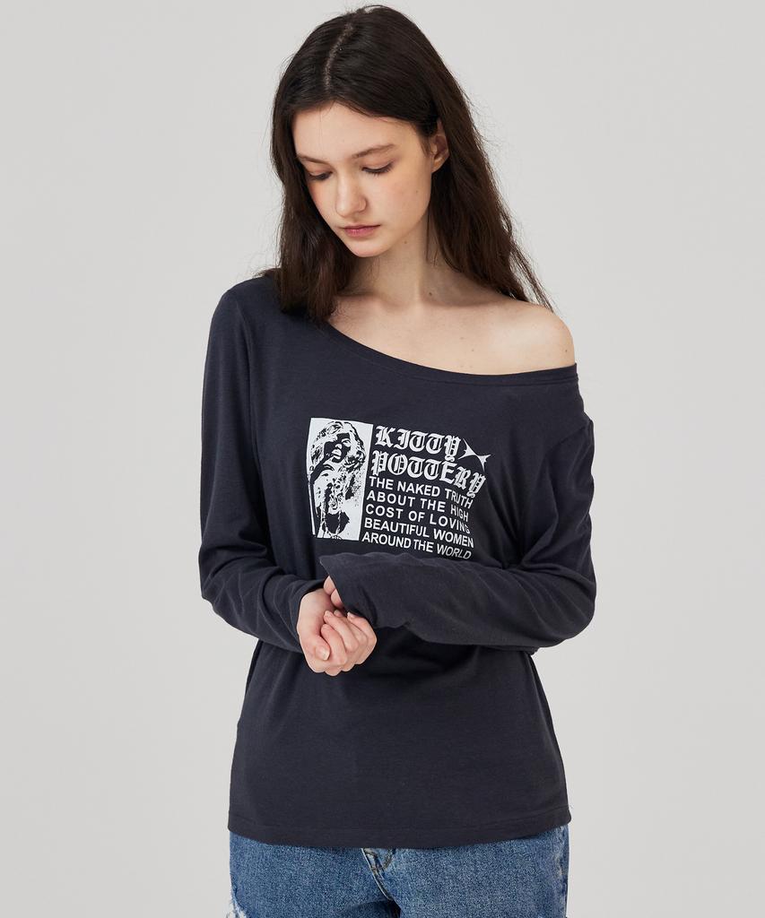 KITTY POTTERY Boat Neck Glam Graphic Long Sleeve T-Shirt Charcoal