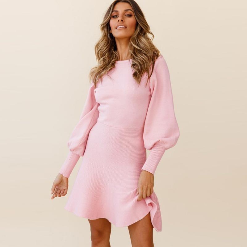 Autumn Winter Solid Color Short Knitted Dress Women Casual O-neck Full Sleeve Slim Sheath High Waist Black Blue Pink Red S-XXL