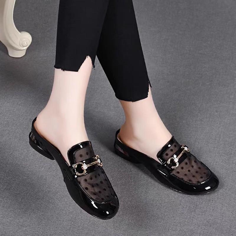 Fashion Soft Leather Mesh Cool Slippers Women 2025 Summer Wear Soft-Soled Sandals Low Heel Thick Heel Fashion Bag Head Half Drag Sandals