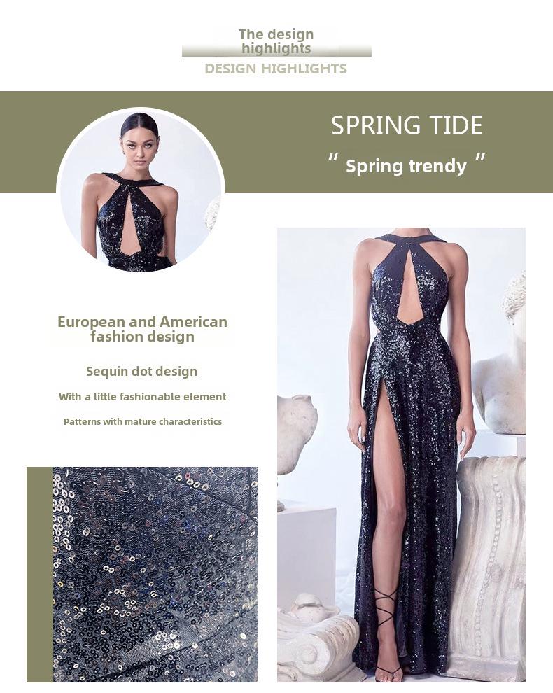2025 Cross-Border Beaded Irregular Halter Neck Evening Dress for Women