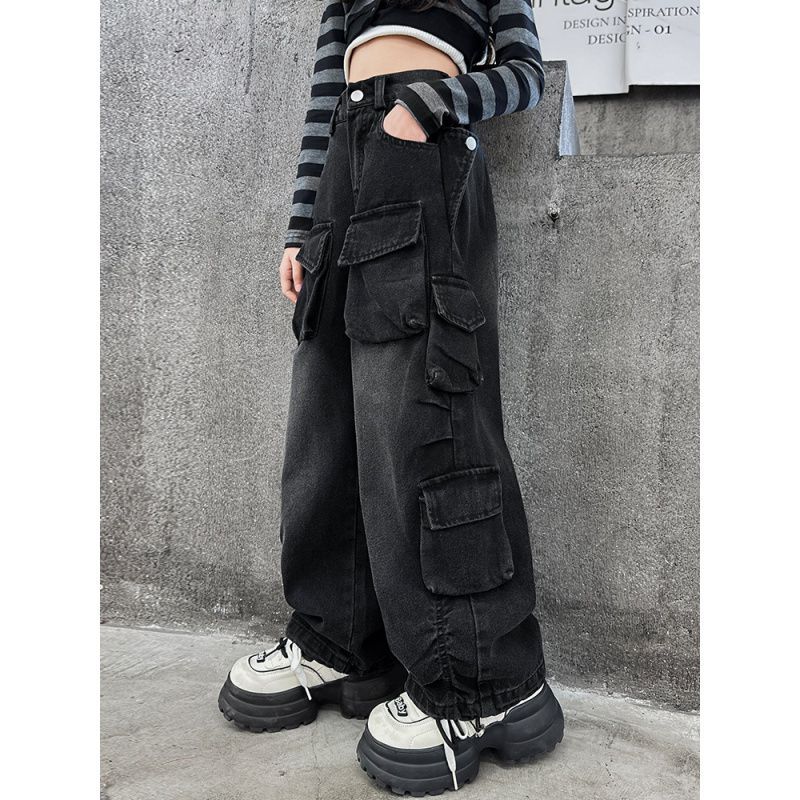 

Комбинезоны для девочек Джинсы Весенние и осенние комбинезоны с большими карманами Модная и классная одежда для выступлений в стиле хип-хоп 120 чёрный