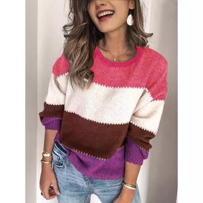 Pulôver feminino de malha solta com bloqueio de cores, gola redonda, comprimento médio, tamanho grande, outono e inverno